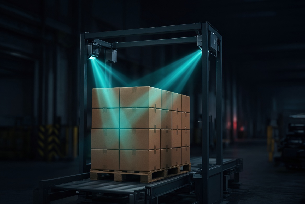 Fixed RFID portal scanning a pallet of cartons on a dock