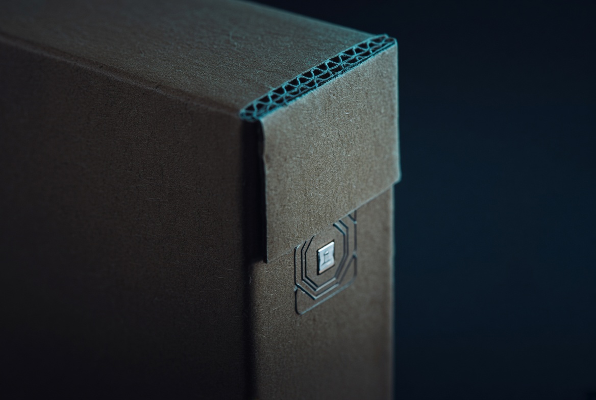 Close-up of a carton with a small RFID inlay